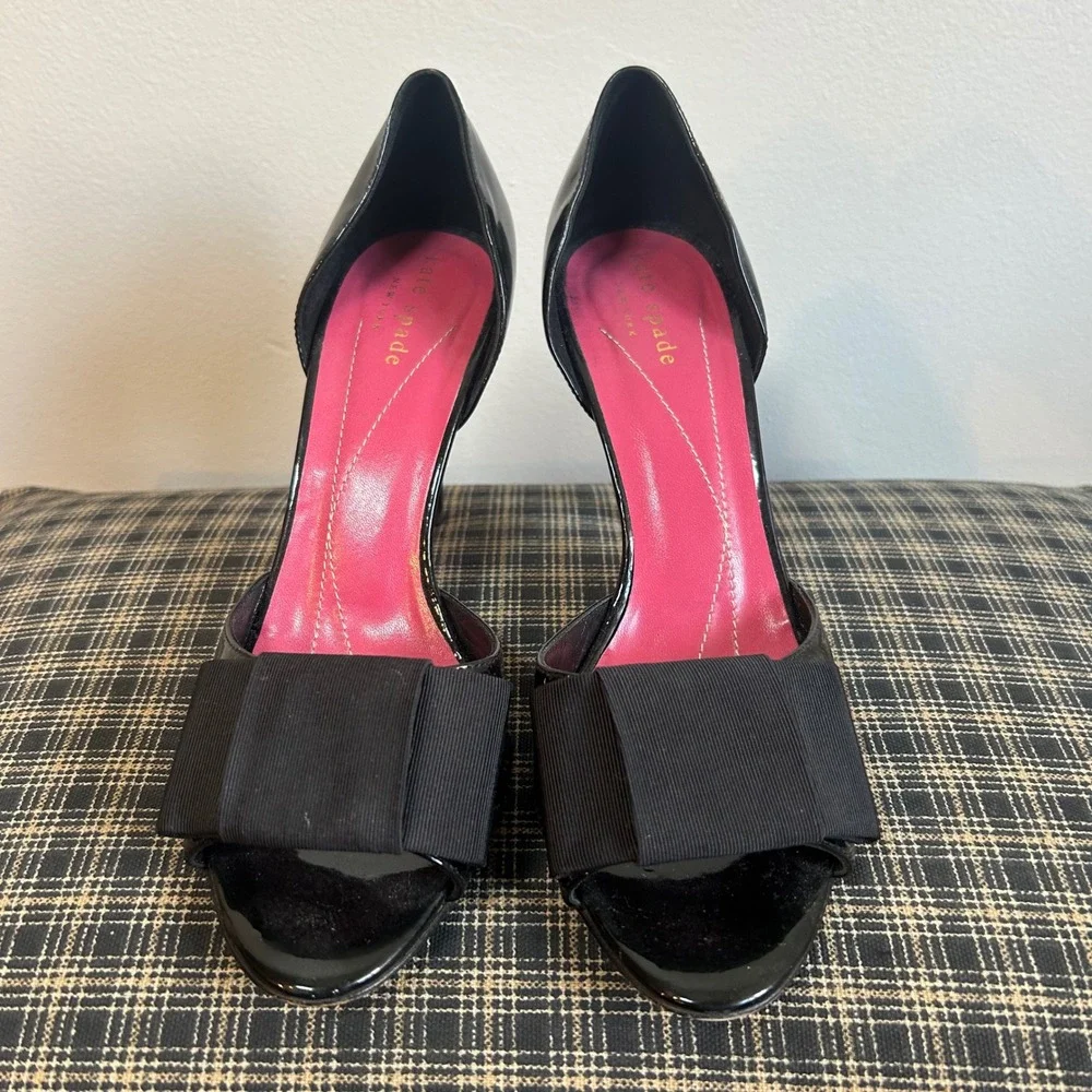 Kate Spade Black Patent Leather‎ D Orsay Bow Heels Pumps Shoes Women US 7